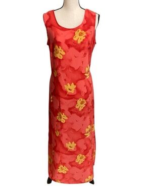 Vintage 90s Joanna Maxi Dress Size M Orange Red Tie Back Tropical Vacay Y2K